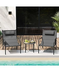 Costway 3 Pcs Outdoor Bistro Set Breathable Seat Fabric & Cozy Headrest Metal for Yard