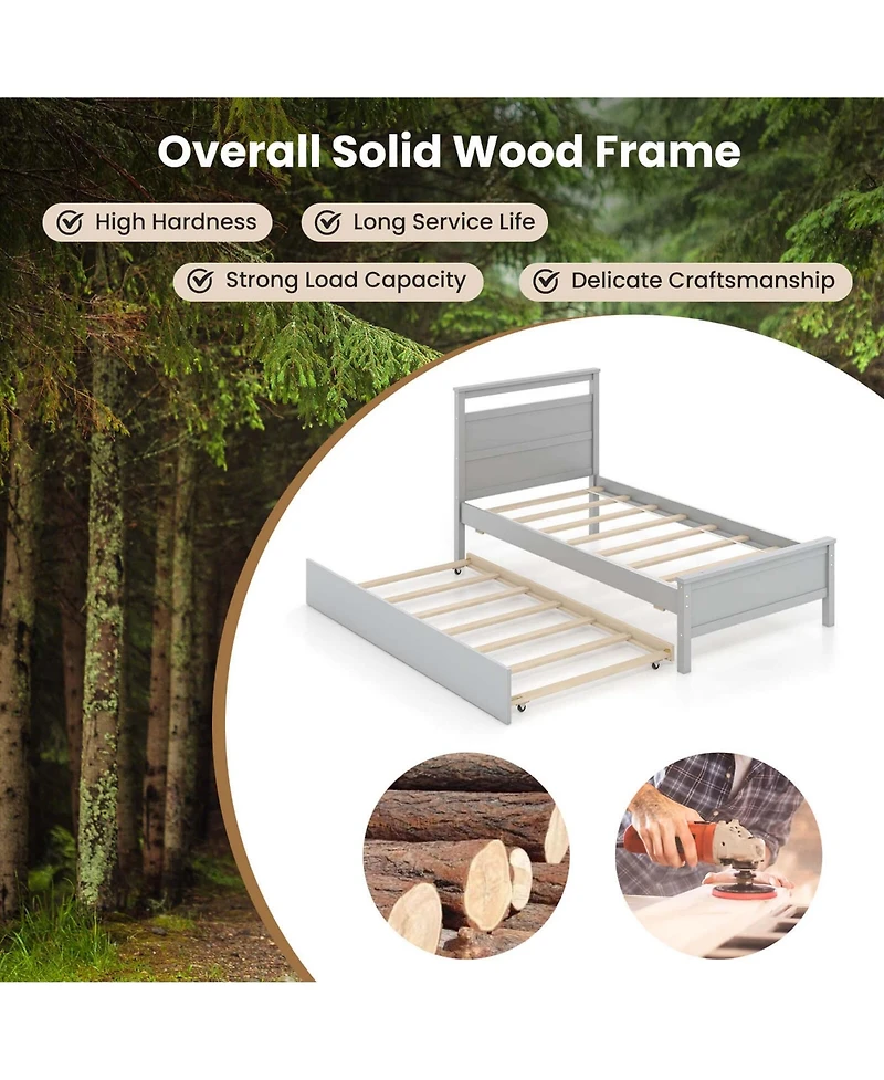 Twin Platform Bed with Trundle Pull-out Headboard & Footboard