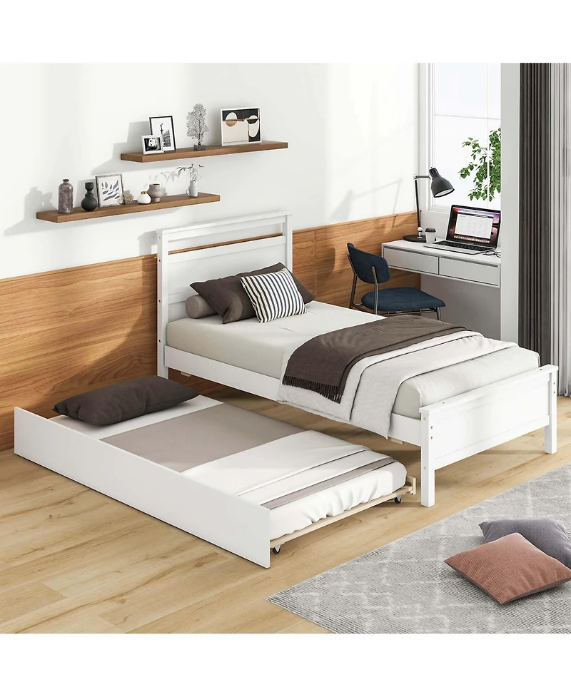Twin Platform Bed with Trundle Pull-out Headboard & Footboard