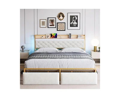 gaomon King Size Led Bed Frame with Headboard and 2 Storage Drawers, Upholstered Platform Bed with Charging Station
