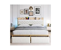 gaomon King Size Led Bed Frame with Headboard and 2 Storage Drawers, Upholstered Platform Bed with Charging Station