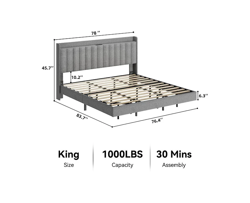 gaomon King Size Floating Bed Frame with Led Lights, Upholstered Platform Full Bed Frame with Charging Station, No Box Spring Needed,Gray