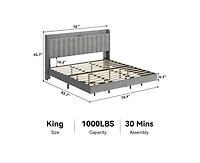 gaomon King Size Floating Bed Frame with Led Lights, Upholstered Platform Full Bed Frame with Charging Station, No Box Spring Needed,Gray