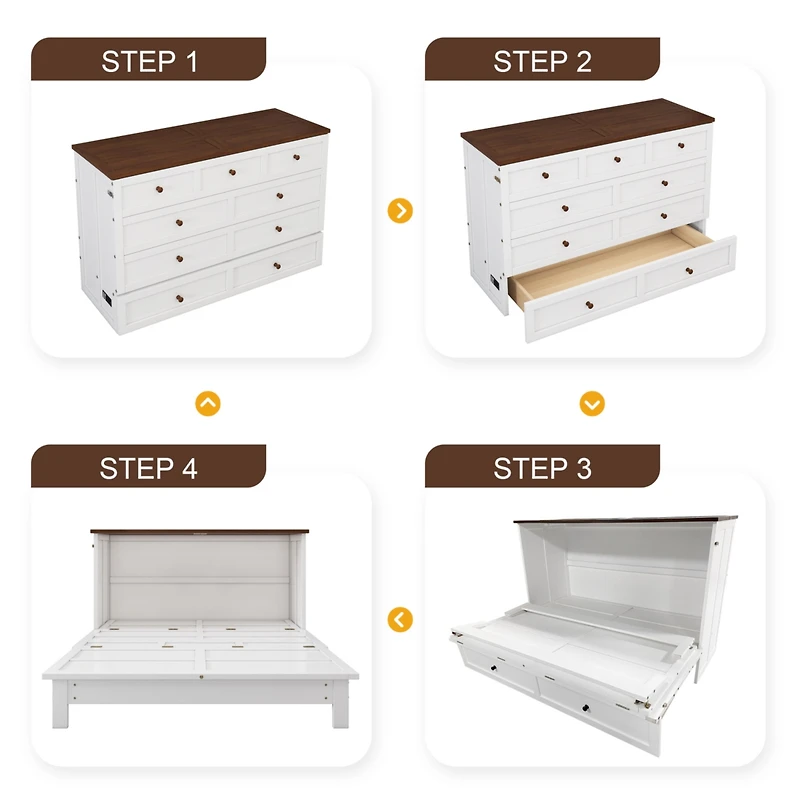 Streamdale Furniture Queen Size Wood Charging Station & Storage Murphy Bed Chest