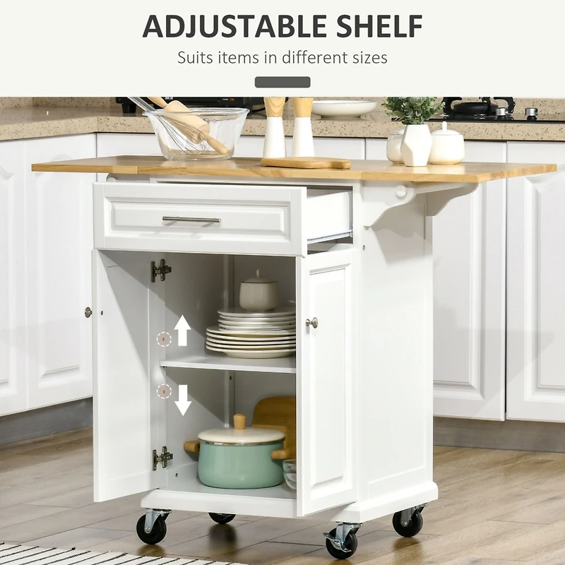 Kitchen Island with Drop Leaf Trolley Cart on Wheels Drawer Cabinet Towel Racks Versatile Use Natural Wood Top and White