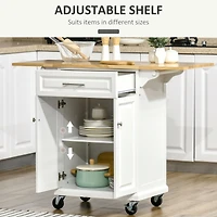 Kitchen Island with Drop Leaf Trolley Cart on Wheels Drawer Cabinet Towel Racks Versatile Use Natural Wood Top and White