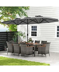Costway 10 Pieces Patio Wicker Dining Set with Double-Sided Umbrella 8 Armchairs