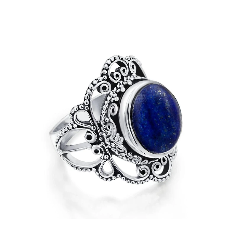 Bling Jewelry Large Natural Stones Filigree Oval Cabochon Armor Full Finger Statement Oxidized .925 Sterling Silver