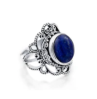 Bling Jewelry Large Natural Stones Filigree Oval Cabochon Armor Full Finger Statement Oxidized .925 Sterling Silver