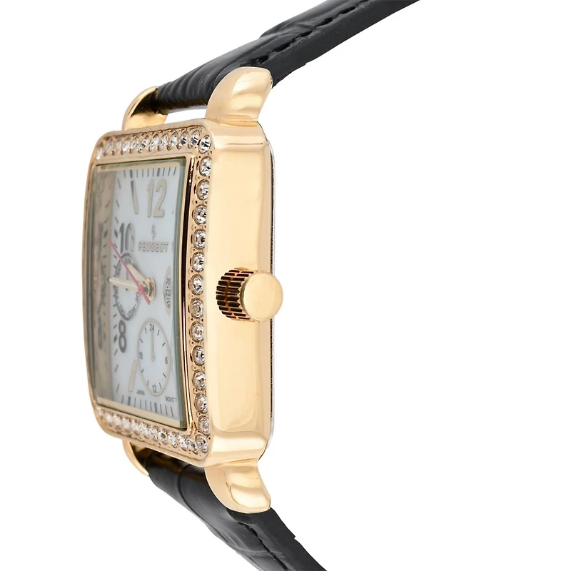 Peugeot Women's 14K Gold Plated Square Dress Watch with European Crystals and Leather Band