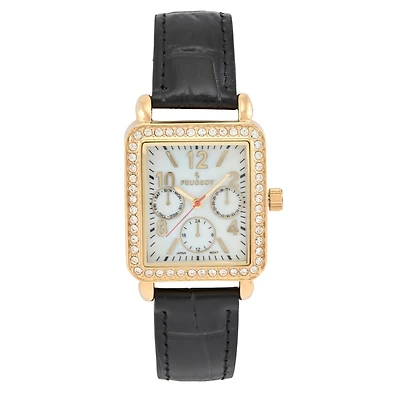 Peugeot Women's 14K Gold Plated Square Dress Watch with European Crystals and Leather Band