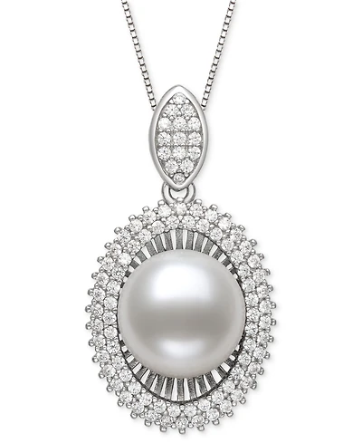 Belle de Mer Peacock Black Cultured Freshwater Pearl (10mm) & Cubic Zirconia 18" Pendant Necklace in Sterling Silver (Also in White Cultured Freshwate