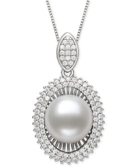 Belle de Mer Peacock Black Cultured Freshwater Pearl (10mm) & Cubic Zirconia 18" Pendant Necklace in Sterling Silver (Also in White Cultured Freshwate