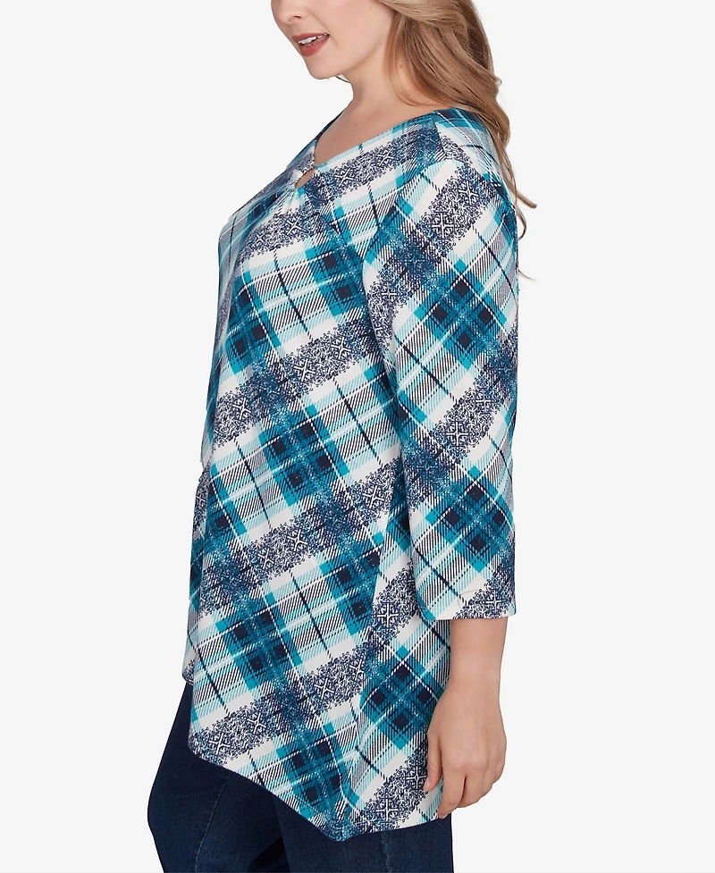 Ruby Rd. Plus Ring Neck Plaid Hatchi Knit Top