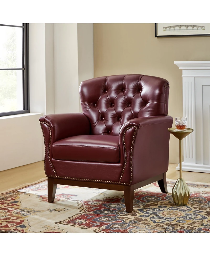 Hulala Home Eugene Traditional Genuine Leather Chair with Tufted Wing Back and Solid Wood
