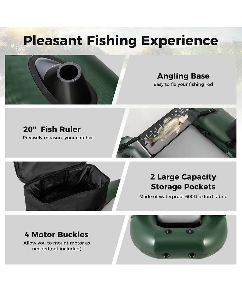 Inflatable Fishing Float Tube with Fish Ruler Angling Base 2 Storage Pockets Pump