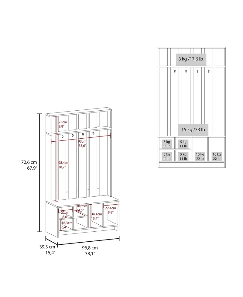 Fm Furniture Van Hall Tree in Melamine, Open Storage y Coat Space, Smoke