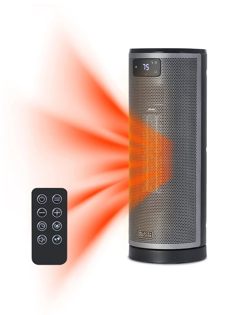 Black+Decker Ceramic Oscillating Tower Heater with Remote Control, Space Heater with Digital Led Display, Black