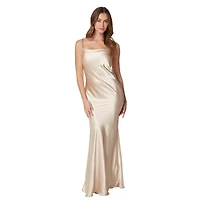 Bebe Women's Satin Maxi Chain Dress, Large, Beige/Khaki