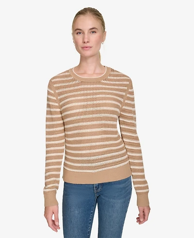 Nautica Jeans Women's Long Sleeves Pointelle Crew Neck Sweater