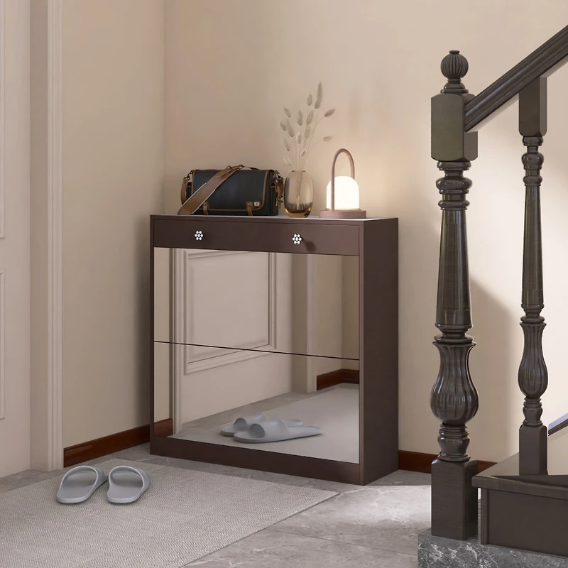 Streamdale Furniture Mirror Shoe Cabinet with 2 Tier Drawers