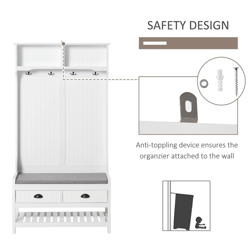 3-in-1 Hall Tree, Entryway Bench with Coat Rack, Mudroom Bench with Shoe Rack, 2 Storage Drawers, 4 Hooks and Padded Seat Cushions for Hallway, White