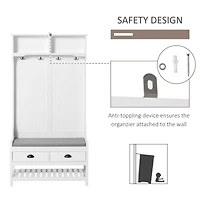 3-in-1 Hall Tree, Entryway Bench with Coat Rack, Mudroom Bench with Shoe Rack, 2 Storage Drawers, 4 Hooks and Padded Seat Cushions for Hallway, White
