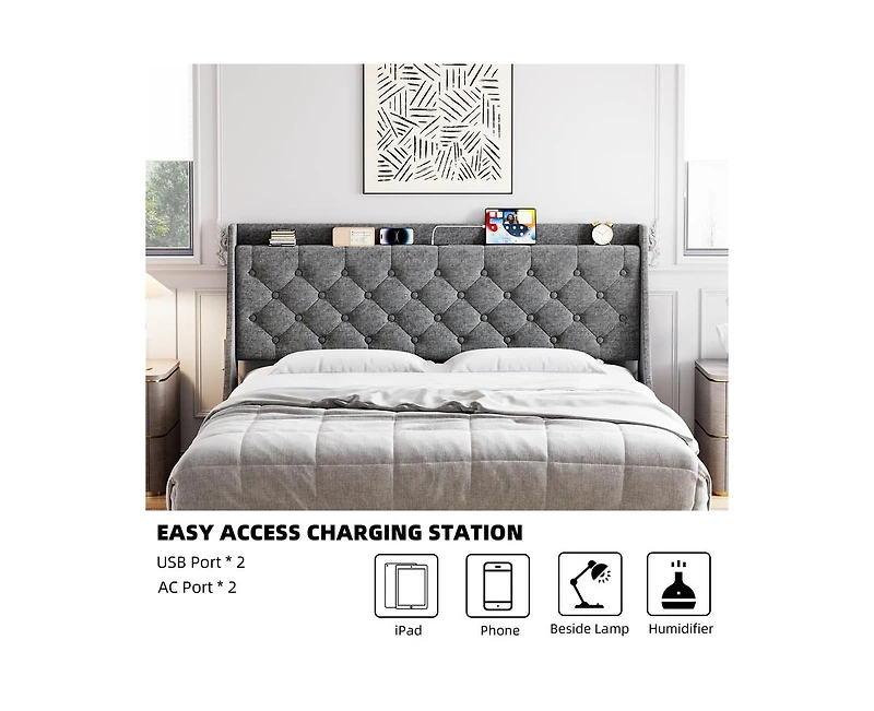 gaomon King Size Bed Frame with Charging Ports & Storage Shelf, Upholstered Platform Bed with Wingback Headboard, No Box Spring Needed, Gray