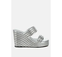 Benched Metallic Faux Leather Wedge Sandals