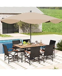 Costway 7 Pcs Patio Dining Set with Acacia Wood Dining Table Rattan Armchairs Soft Cushions