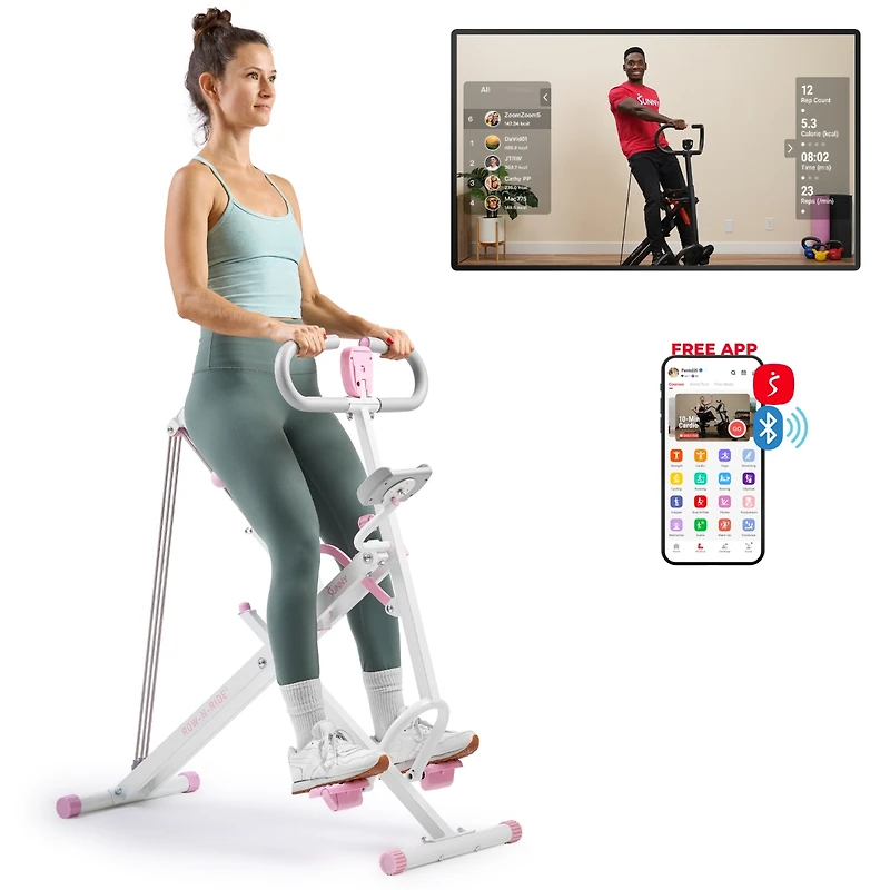 Sunny Health & Fitness Pink Row-n-Ride Plus, Squat Assist Rower, 330LBs Capacity and Free Access to SunnyFit App