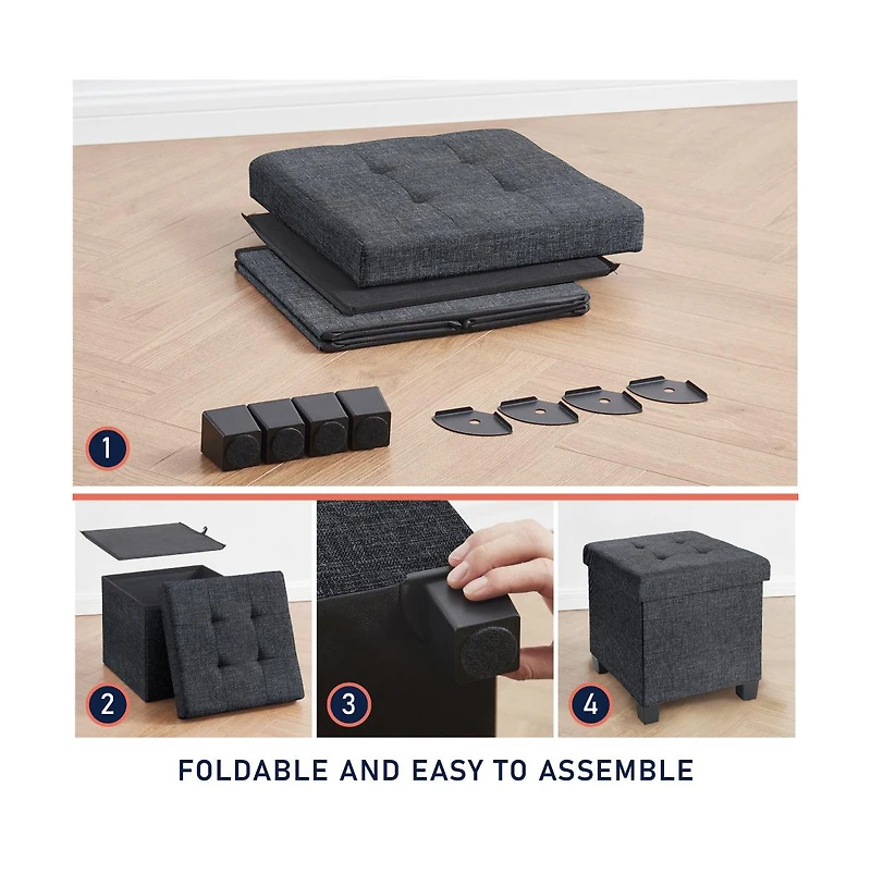 Ornavo Home Foldable Tufted 15 Inch Square Linen Storage Ottoman with Legs