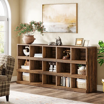 Tribesigns 63-Inch Farmhouse Console Table, 15-Cube Narrow Entryway Table, 4-Tier Wood Behind Couch Sofa Table, All Wood Hallway Table with Storage fo