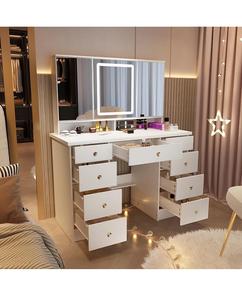 Famapy Pink Modern Makeup Vanity Desk 9-Drawers Wood Dressing Table with 3 Mirrors, Hidden Storage Shelves, Led Lighted Lights