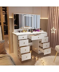 Famapy Pink Modern Makeup Vanity Desk 9-Drawers Wood Dressing Table with 3 Mirrors, Hidden Storage Shelves, Led Lighted Lights