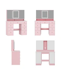 Famapy Pink Modern Makeup Vanity Desk 9-Drawers Wood Dressing Table with 3 Mirrors, Hidden Storage Shelves, Led Lighted Lights
