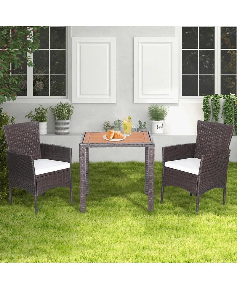 Sugift 3 Pieces Patio Wicker Furniture Set wih Acacia Wood Table Top and Chair Cushiones