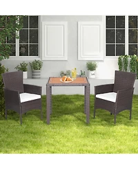 Sugift 3 Pieces Patio Wicker Furniture Set wih Acacia Wood Table Top and Chair Cushiones