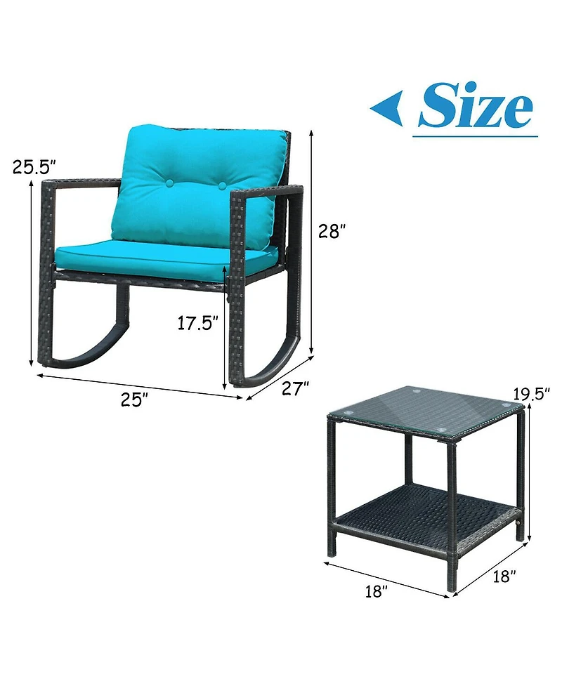 Sugift 3 Pieces Cushioned Patio Rattan Set with Rocking Chair and Table