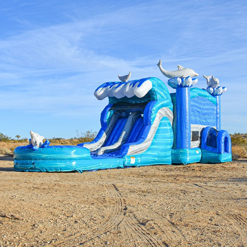 JumpOrange Dolphins Commercial Grade Bounce House Water Slide with Dual Lane and Detachable Pool for Kids and Adults (with Blower), Tunnel Entrance, B