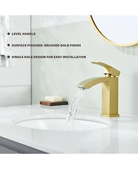 Flynama Single Handle Bathroom Faucet Waterfall Spout Commercial Modern Lavatory Deck Mount, Bathroom Faucet in Brushed Gold
