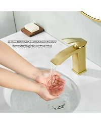 Flynama Single Handle Bathroom Faucet Waterfall Spout Commercial Modern Lavatory Deck Mount, Bathroom Faucet in Brushed Gold