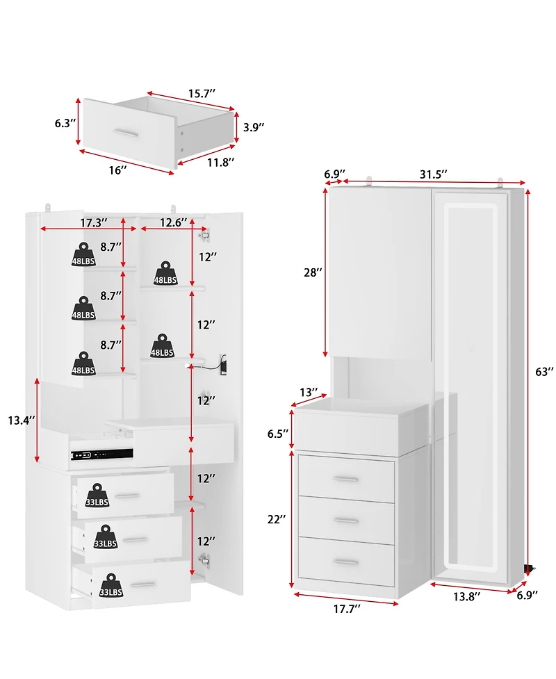 Famapy White Makeup Vanity Desk Wood Dressing Table With Sliding Top, Full-Length Mirror, Hidden Shelves, Drawers, Led Lights