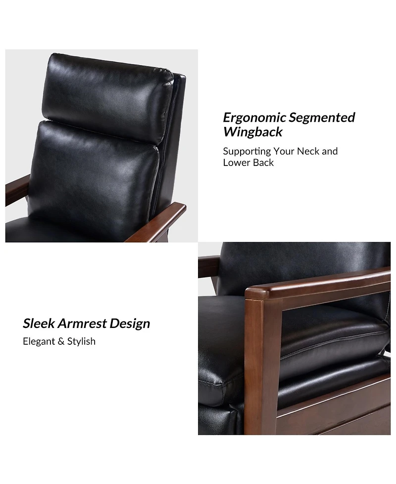 Peter Mid-Century Modern Leather Solid Wood Recliner with Rubber