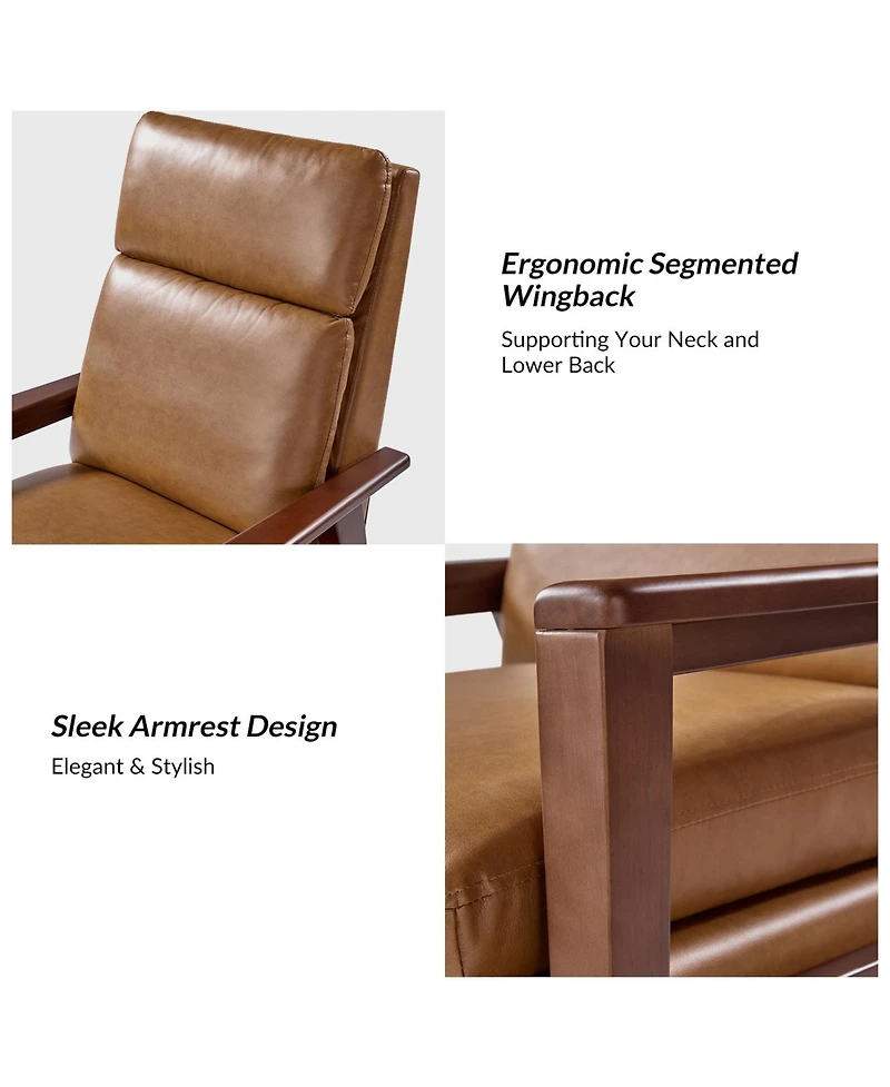 Peter Mid-Century Modern Leather Solid Wood Recliner with Rubber