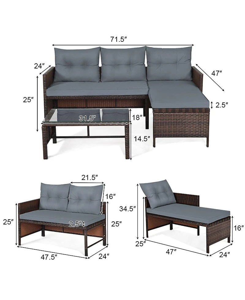 Sugift 3 Pieces Outdoor Patio Corner Rattan Sofa Set-Grey
