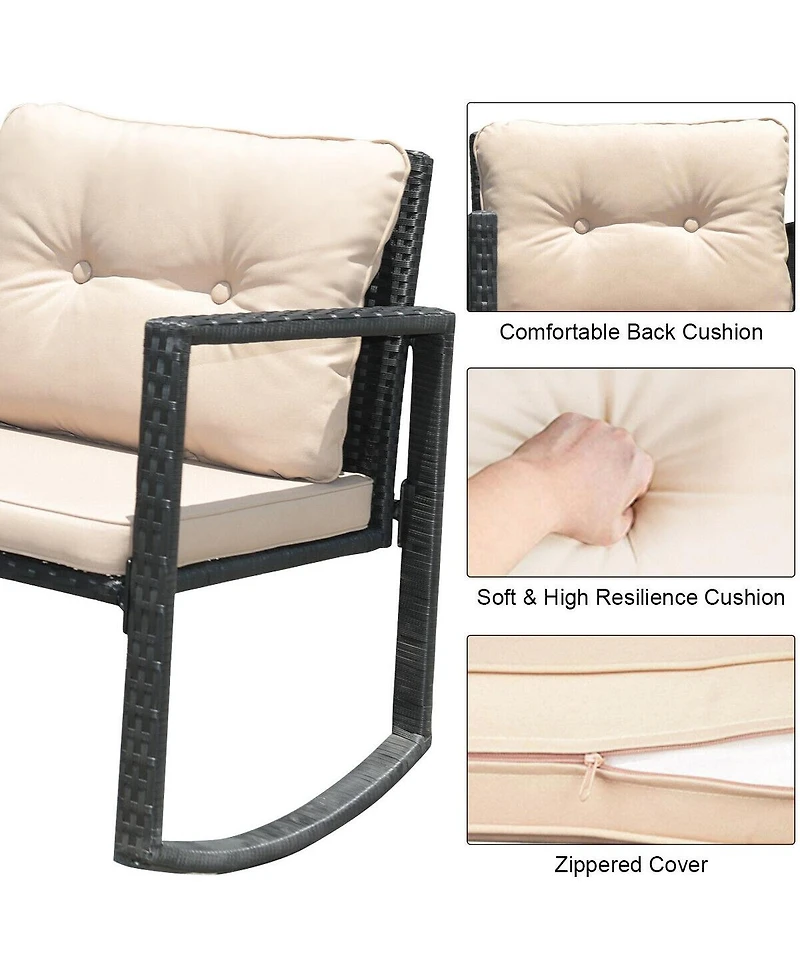 Sugift 3 Pieces Cushioned Patio Rattan Set with Rocking Chair and Table