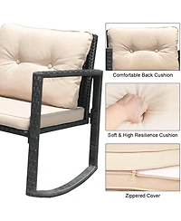 Sugift 3 Pieces Cushioned Patio Rattan Set with Rocking Chair and Table