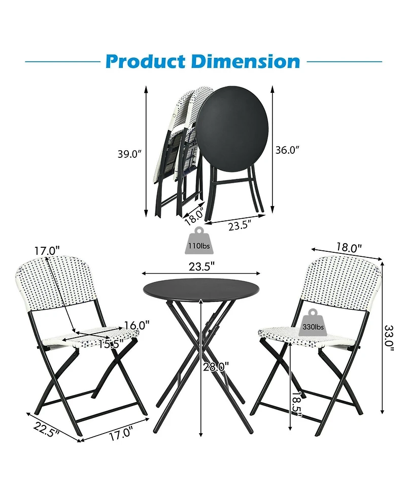 Sugift 3 Pieces Patio Rattan Bistro Set with Round Dining Table and 2 Chairs