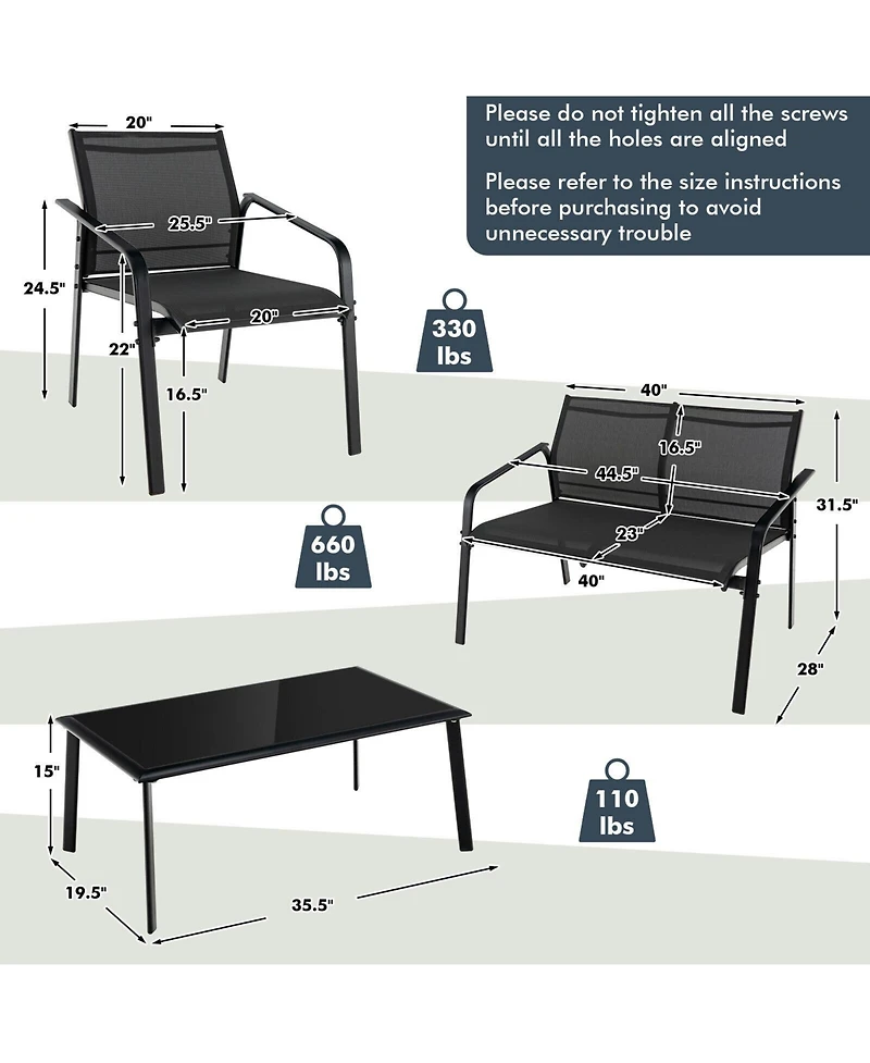 Sugift 4 Pieces Patio Furniture Set with Armrest Loveseat Sofas and Glass Table Deck